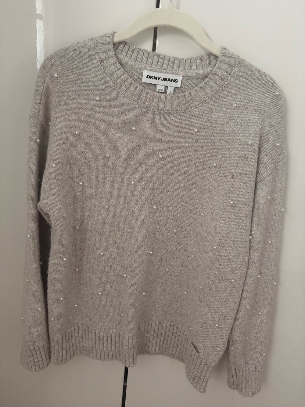DKNY Light Beige Pearl-Accent Crewneck Sweater